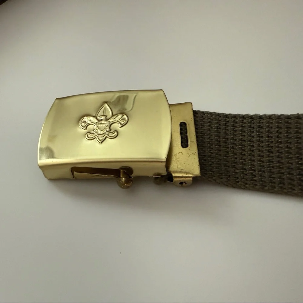 BSA Boy Scouts Vintage Brass Buckle Green Uniform Belt w/Knife Holder - Size S/M